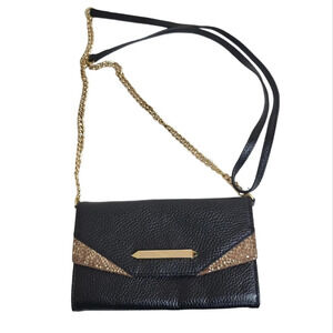 Treesje Black Leather Crossbody Clutch Wallet Gold Chain Leather Strap Bag